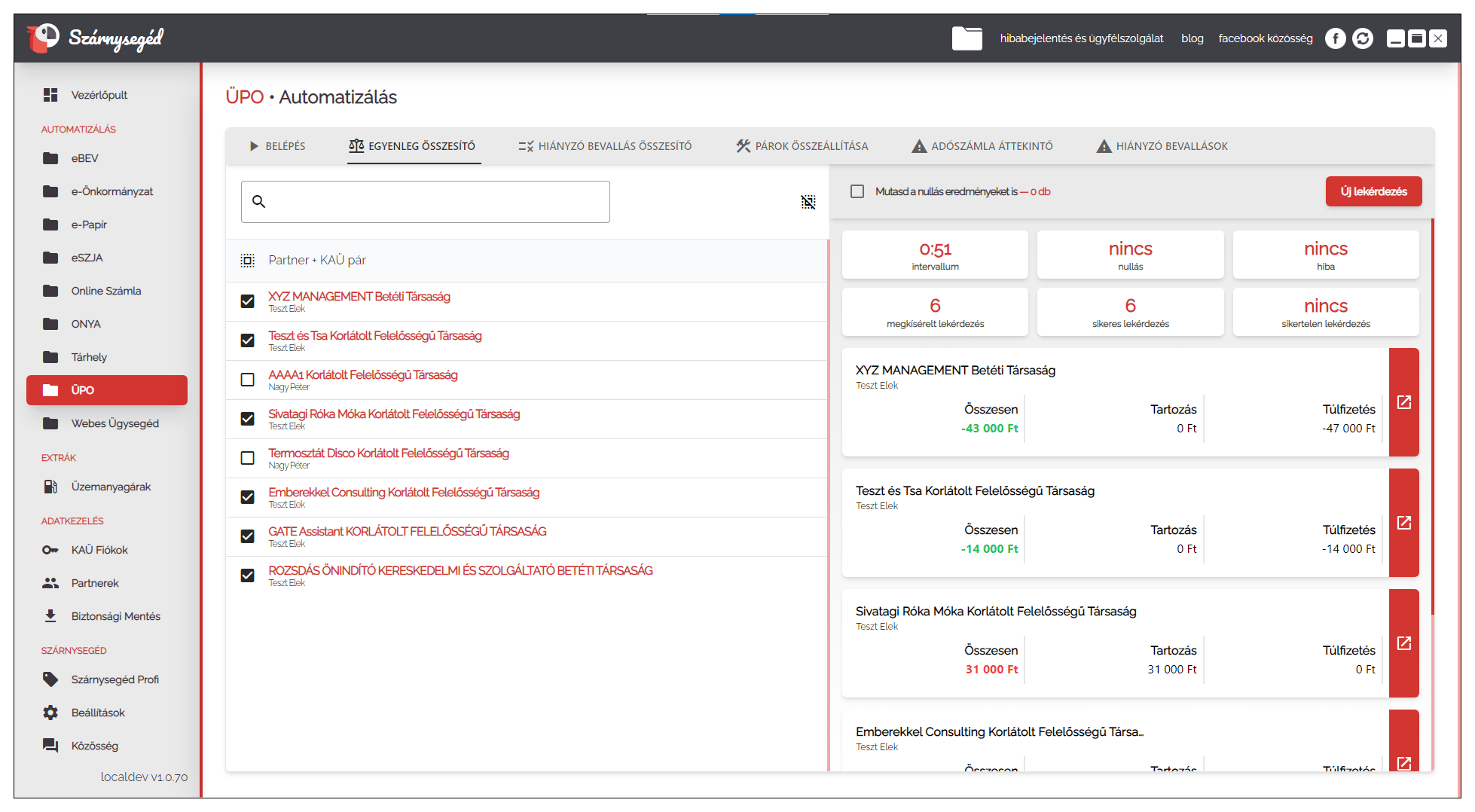 Az egyenleg összesítőben lehetőség van minden vagy csak néhány partner kiválasztására