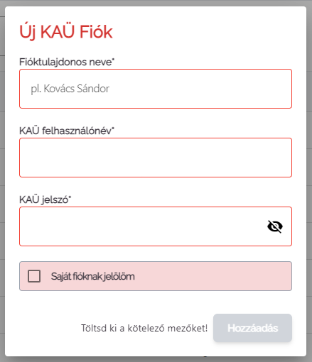 Egy KAÜ fiók egy név, felhasználónév és egy adószám együttese.