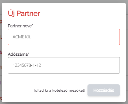 Egy partner nem más mint egy név és egy adószám párosa.